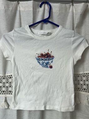 Altar'd State White Short-Sleeve Tee with Blue Bowl & Red Cherry Motif
